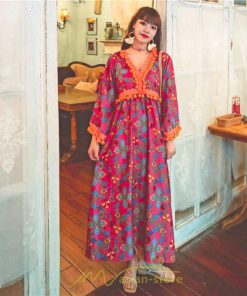 マキシ | ワンピース 長袖 ゆったり 夏秋 レディース 個性的 マキシ丈 楽ちん 体型カバー エスニック 着痩せ 赤 青 オレンジ レトロ 高品質 民族風 20代30代40代 旅行 海