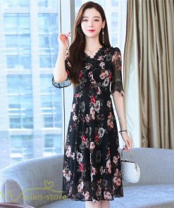 ミディアム | Aラインワンピース レディース 着痩せ 花柄 きれいめ おしゃれ 上品 20代 30代 40代 Vネック エレガント ワンピース 膝丈 上品 ミディアムワンピース サマー