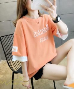 ｔシャツ・カットソー | ワイドTシャツ レディース ロング丈 5分袖 刺繍 韓国風 重ね着風 丸首 Tシャツ トップス 着痩せ 細身 カジュアル 人気 日常 上品 2021 アウトドア 夏新作 薄手