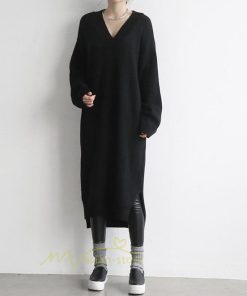 在庫ある | 短納期ロングニットワンピース ロングワンピ カットソー 長袖 トップス Vネック ゆったりセーターニット 体型カバー 通学通勤 OL ストレートニットワンピ