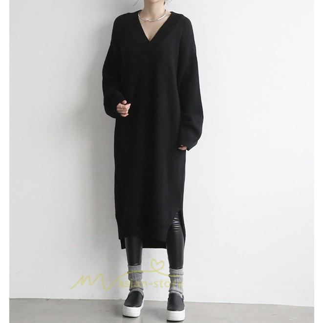 在庫ある | 短納期ロングニットワンピース ロングワンピ カットソー 長袖 トップス Vネック ゆったりセーターニット 体型カバー 通学通勤 OL ストレートニットワンピ
