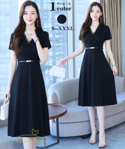 ミディアム | Aラインワンピース ワンピース レディース 着痩せ 無地 半袖 Vネック ひざ丈 ミディアムワンピース カジュアル おしゃれ 30代 20代 上品 大きいサイズ 40代
