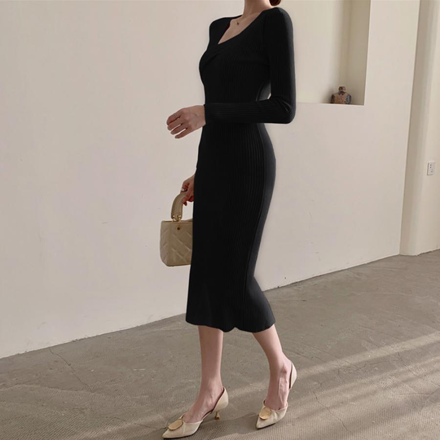 ワンピース | タイト ニットクロスネック