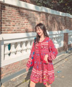 ミニ丈 | ワンピース レディース 春 夏 長袖 膝上 ショート 民族風 花柄 エスニック ボヘミアン 高品質 海外旅行 海デート 着痩せ Vネック レトロ リゾート カジュアル