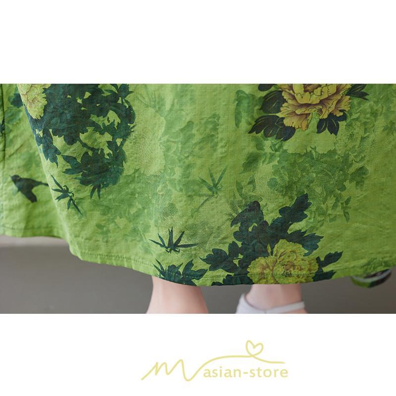 マキシ | ワンピース レディース 大きいサイズ 半袖 ロング丈 マキシ丈 クルーネック コットン 花柄 緑 夏 体型カバー 広がる裾 着痩せ 美シルエット ゆったり ポケット