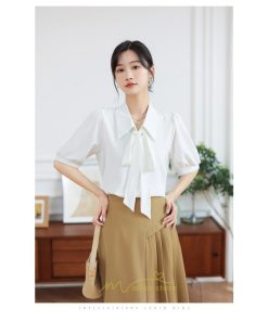 シャツ・ブラウス | シフォンブラウス 半袖 レディース シフォン ブラウス 白 青 フォーマル 開襟 服 バブルスリーブ 蝶結び 着痩せ 春 韓国風 通勤 おしゃれ 女性 上品 夏