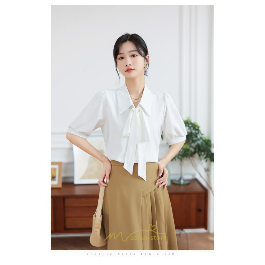 シャツ・ブラウス | シフォンブラウス 半袖 レディース シフォン ブラウス 白 青 フォーマル 開襟 服 バブルスリーブ 蝶結び 着痩せ 春 韓国風 通勤 おしゃれ 女性 上品 夏