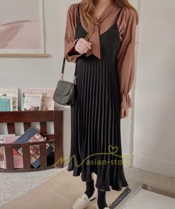 マキシ | プリーツワンピース キャミソールワンピ ロング丈 レディース 韓国ファッション 20代30代40代 春夏秋冬 着痩せ 着回し 2021作 通勤通学 カジュアル 上品