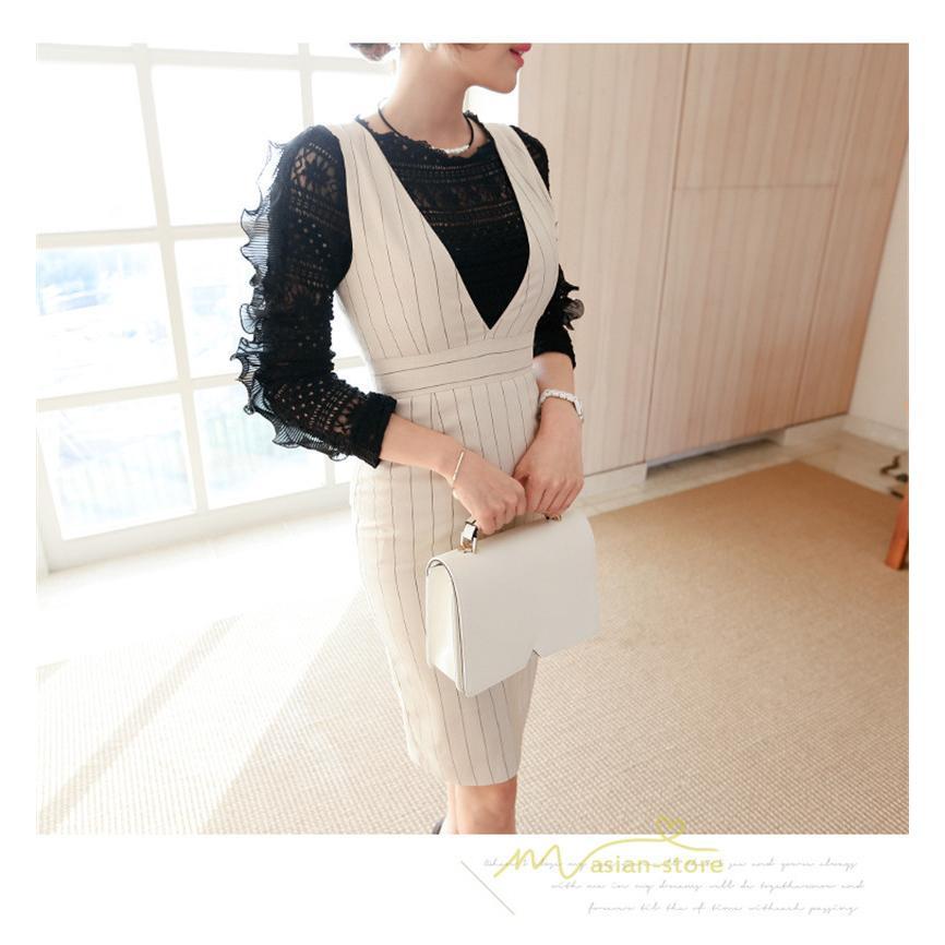 セットアップ | ワンピーススーツ セレモニー スーツ ママ オフィス 通勤用 フォーマル 長袖ジャケット+ノースリーブワンピース レディース 結婚式 ストライプ柄 2点セット