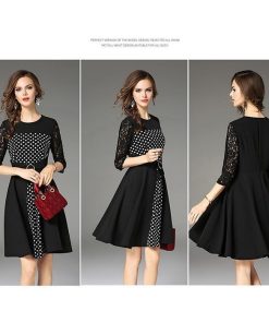 レースワンピース | 7分袖 ひざ丈ワンピ フレアワンピース レディース 大きいサイズ 膝丈ワンピース レース 二次会 通勤 水玉 切り替え パーティー