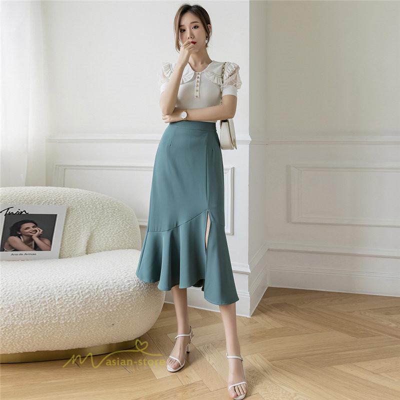 スカート | マーメイドボトムス レディース きれいめ 春 夏 無地 オフィス おしゃれ ミモレ丈 フォーマル 通勤 韓国風 ハイウエスト スリット エレガント 40代
