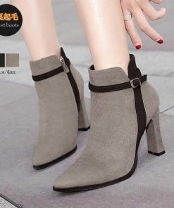ショートブーツ | レディース スエードブーティ 裏起毛 ポインテッドトゥ 太ヒール 靴