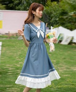 マキシ | ワンピース レディース 春夏 半袖 ハーフスリーブ ワンピース セーラーカラー ロング丈 マキシ丈 フレア お出かけ ビッグ裾幅 ゆったり ワンピース かわいい