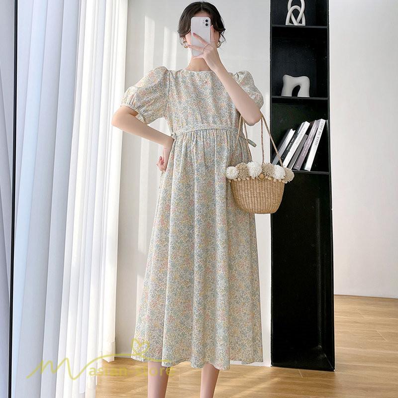 ワンピース | マタニティレディース Aライン 妊婦服 体型カバー 着痩せ マタニティウェア 小花柄 柔らか きれいめ お出かけ マタニティ 夏服 ひざ下丈