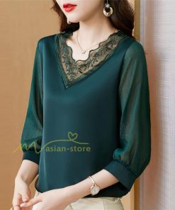 tシャツ・カットソー | Tシャツ レディース 7分袖 七分袖 カジュアル Vネック おしゃれ 女性用 シンプル 無地 ブラック 着痩せ レース付き シフォンシャツ 母の日 20代30代40代50代