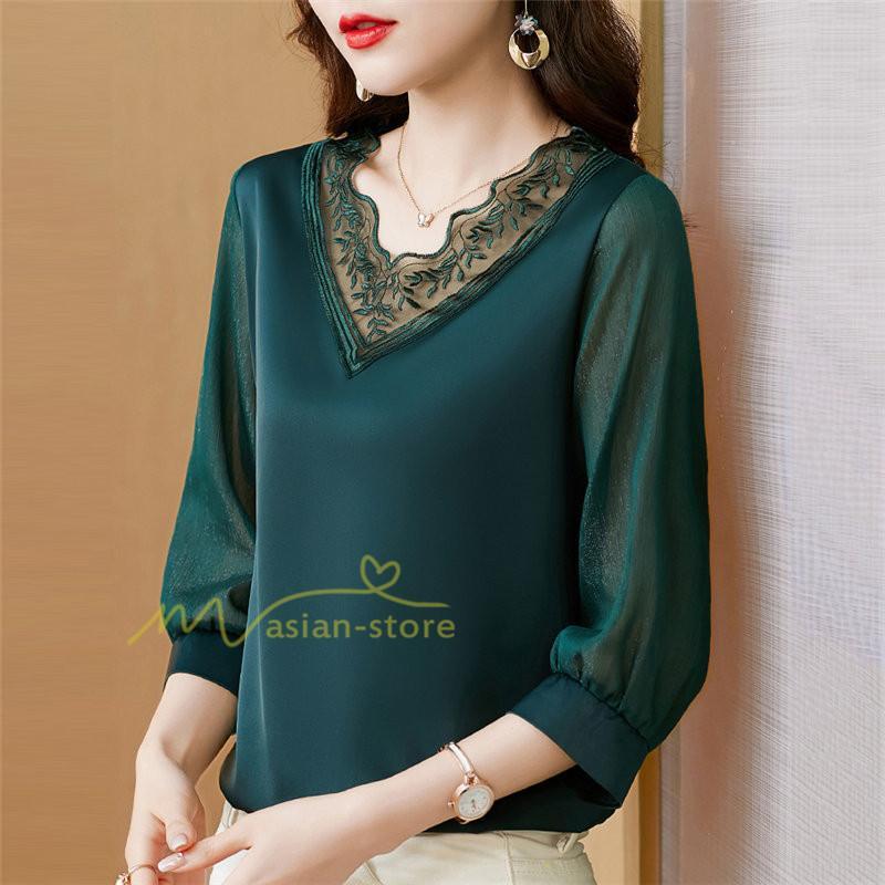 tシャツ・カットソー | Tシャツ レディース 7分袖 七分袖 カジュアル Vネック おしゃれ 女性用 シンプル 無地 ブラック 着痩せ レース付き シフォンシャツ 母の日 20代30代40代50代