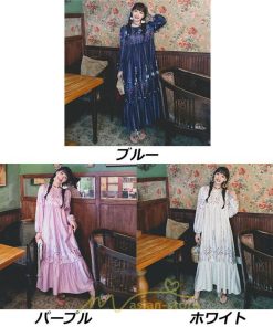 マキシ | ロングワンピース レディース  夏 秋 リゾート ルームワンピース 長袖 ゆったり ロング丈 旅行用 バブルスリーブ かわいい 後ボタン付き レトロ風 丸首