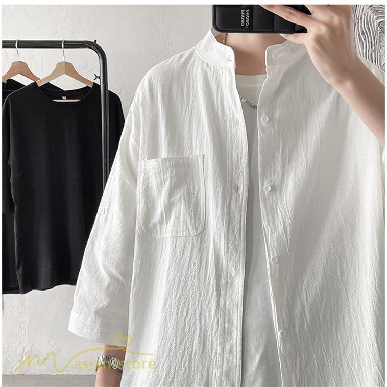 シャツ | メンズ 夏コーデ 2021新作 ライトアウター 5分袖 7分袖 スタンドカラー 麻綿 無地 カッコイイ お出かけ カジュアルトップス 薄手 夏着 アウトドア
