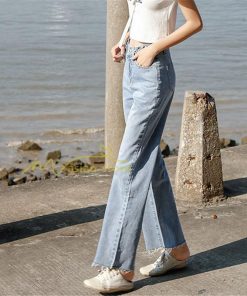 ジーンズ、デニム | デニムパンツ 裾フリンジ スタイリッシュ ハイウエスト ストレートパンツ デイリーコーデ ワイドパンツ 夏コーデ 2020新制作 シングルブレスト マキシ丈パンツ