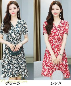ミディアム | サマーワンピース レディース 夏服 膝丈 ミディアムワンピース 上品 サマーワンピース 上品 2XL 大きいサイズ きれいめ Aラインワンピース Vネック