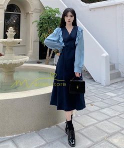 マキシ | Vネックワンピース ミモレ丈ワンピース フレア 秋 レディース 長袖ワンピ 腰着痩せ Aラインワンピース 30代40代 ドッキングワンピ エレガント 大人 通学通勤