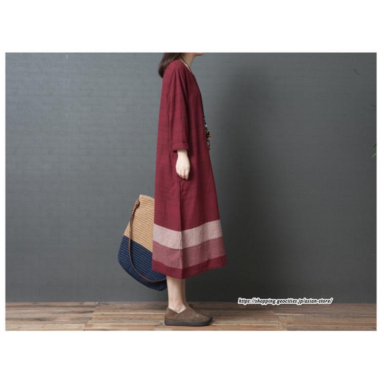 マキシ | リネンワンピース50代レディース綿麻風 長袖秋物 丸ネック 無地 Aラインワンピース ミモレ丈ワンピース サイドポケット ワンピース 30代40代 シンプル 大人