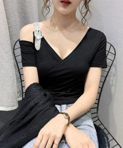 Tシャツ・カットソー | Tシャツ 肩だし クロスVネック コットン トップス 半袖 ヒョウ柄 無地 レディース スタイリッシュ 個性的 エレガント セクシー 着痩せ 気質 フェミニン