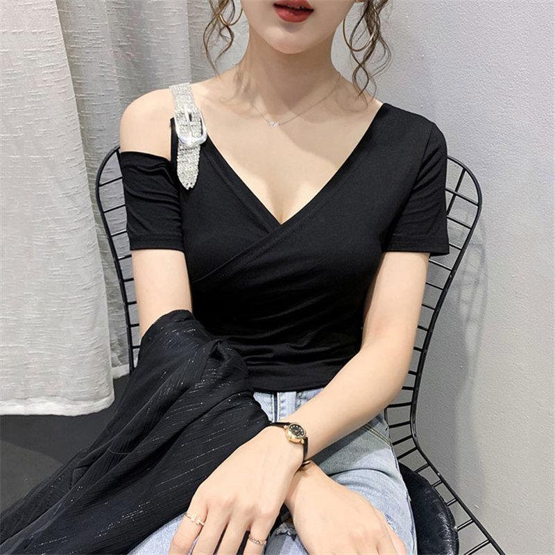 Tシャツ・カットソー | Tシャツ 肩だし クロスVネック コットン トップス 半袖 ヒョウ柄 無地 レディース スタイリッシュ 個性的 エレガント セクシー 着痩せ 気質 フェミニン