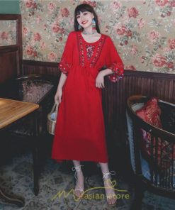 マキシ | ワンピース トップス ロング ロングワンピース 綿麻 夏秋 レディース 大人 おしゃれ シンプル ナチュラル カジュアル 刺繍 花柄 丸首 華やか 上品