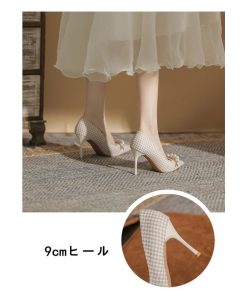 パンプス | ポインテッドトゥ ピンヒール スリップオン レディース ハイヒール グレンチェック ツイード 編みニット エレガント 22cm-24.5cm フェイクパール