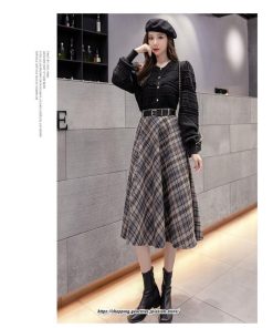 スカート | ロングミモレ レディース フレア Aライン ハイウエスト おしゃれ ゆったり ひざ下 体型カバー チェック柄 ラシャ ベルト付き 30代 20代 40代