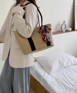 ハンドバッグ | 草編みバッグ リボン スカーフ付き かごバッグ 手提げバッグ レディース ストローバッグ 大容量 トートバッグ ハンドバッグ