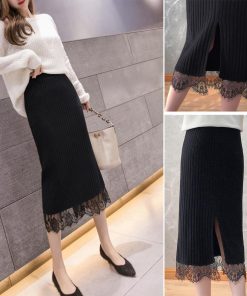 タイトスカート | ストレッチ ミモレ丈 リブ編み リブニットスカート 暖か スリット 裾レース ボトムス ウエストゴム スカート ロングスカート