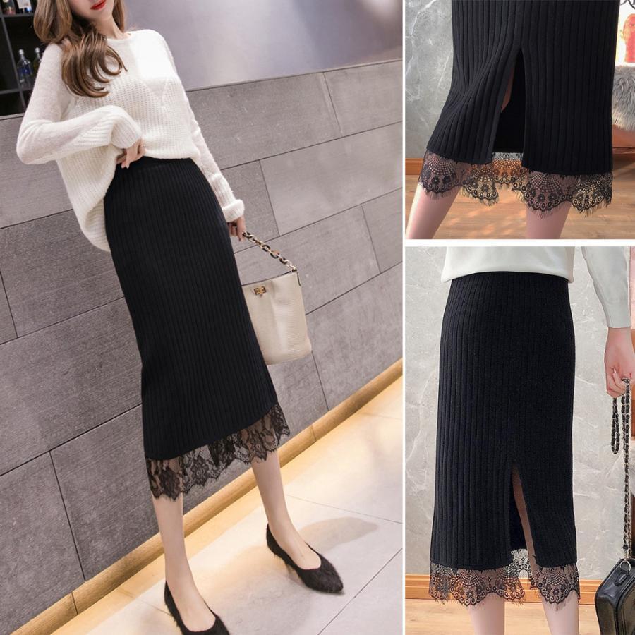 タイトスカート | ストレッチ ミモレ丈 リブ編み リブニットスカート 暖か スリット 裾レース ボトムス ウエストゴム スカート ロングスカート