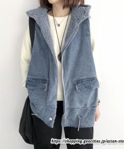 ベスト | ファーレディース 秋冬 デニムフード付き ミドル丈 両面 リバーシブル ジップアップ ファー 厚手 アウター 20代50代 大人 カワイイ 防寒 防風