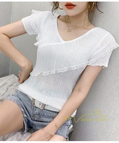 ｔシャツ・カットソー | サマーニット レディース 半袖 Vネック カラー きれいめ トップス Tシャツ ニットソー 薄手 新品 夏新作 2021 激売れ お出かけ ファッション 激売れ エレガント