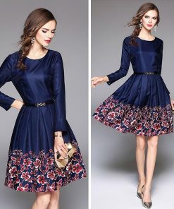 フレア | フレアワンピース レディース 大きいサイズ 膝丈ワンピース 長袖ワンピ 花柄 丸ネック 大人 二次会 パーティー フェミニン