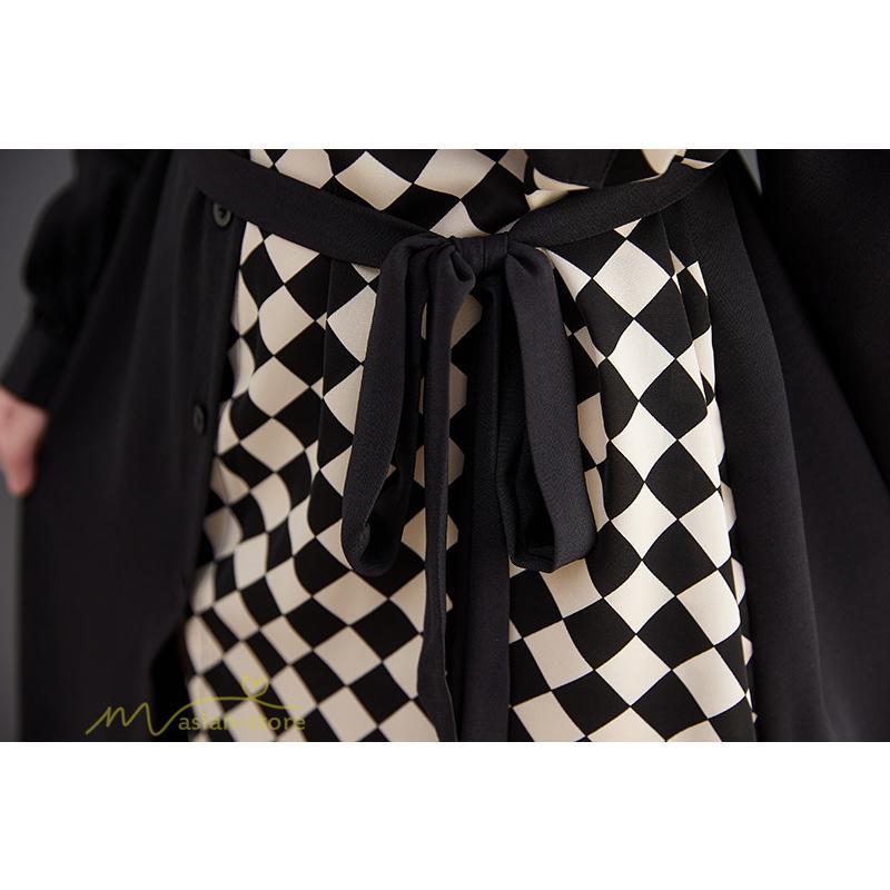 シャツワンピース | ワンピース 長袖 秋 新作 チェック柄 ゆったり 切り替え フリーサイズ ウエストリボン 体型カバー シンプル 大人 バルーンスリーブ 前開き