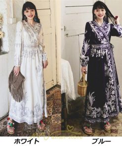 マキシ | マキシワンピース ロングワンピース レディース 夏 秋 長袖 紺 ゆったり Aライン 花柄プリント きれいめ リゾート 大人 20代 母 40代 同窓会 二次会 ママ 30代