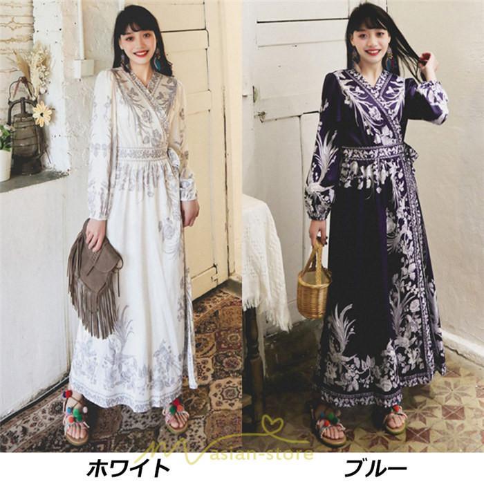 マキシ | マキシワンピース ロングワンピース レディース 夏 秋 長袖 紺 ゆったり Aライン 花柄プリント きれいめ リゾート 大人 20代 母 40代 同窓会 二次会 ママ 30代