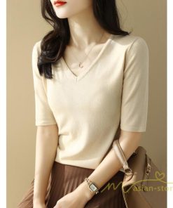 ｔシャツ・カットソー | サマーニット レディース Vネック トップス ニット 半袖 春服 春物 ニットチュニック 無地 きれいめ 春夏 黒 リブ 夏ニット 白 5分袖 涼し気