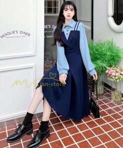 マキシ | ロングワンピース 秋物 レディース ミモレ丈 Aラインワンピース 切り替え フェイク レイヤード風 重ね着風 シャツカラー お呼ばれワンピース 30代40代 着やせ