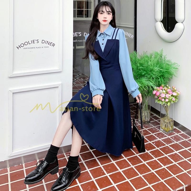 マキシ | ロングワンピース 秋物 レディース ミモレ丈 Aラインワンピース 切り替え フェイク レイヤード風 重ね着風 シャツカラー お呼ばれワンピース 30代40代 着やせ