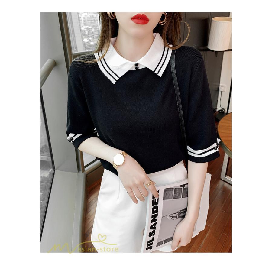 tシャツ・カットソー | レディース トップス Tシャツ 着痩せ ニット きれいめ 女性着 ポロ 着回し 学院風 5分袖 可愛い 配色切替 上品 サマー風 20代 アウトドア 夏コーデ 新作 人気