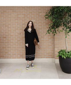 在庫ある | 短納期ロングニットワンピース ロングワンピ カットソー 長袖 トップス Vネック ゆったりセーターニット 体型カバー OL ストレートニットワンピ 通学通勤