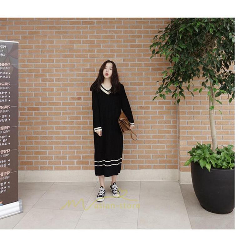 在庫ある | 短納期ロングニットワンピース ロングワンピ カットソー 長袖 トップス Vネック ゆったりセーターニット 体型カバー OL ストレートニットワンピ 通学通勤