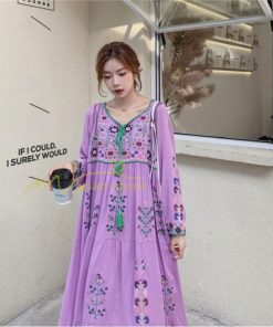 マキシ | ワンピース リゾートワンピ レディース ボヘミア風　休暇 長袖 無地 マキシ丈 復古風 上品 体型カバー  ブラック　パプール 花柄 Vネック 刺繍 ホワイト