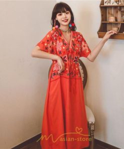 マキシ | ワンピース レディース リゾートワンピ かわいい 半袖 Ｖネック 刺繍 上品 Aライン ロング丈 ロング丈ワンピ エスニック風 結婚式 ファッション 二次会 卒業式
