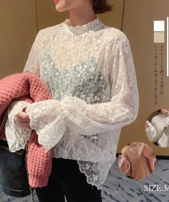透かし編みトップス | レースブラウス レディース オシャレ シースルー きれいめ シアートップス プルオーバー セクシー プチハイネック 韓国風 長袖