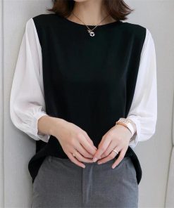 送料無料SALE | ブラウス レディース 切り替え フェイク ストライプ パフスリーブ 無地 黒 白 トップス シャツ 丸ネック 七分袖 夏服 大人 サマー 30代40代 50代 可愛い OL